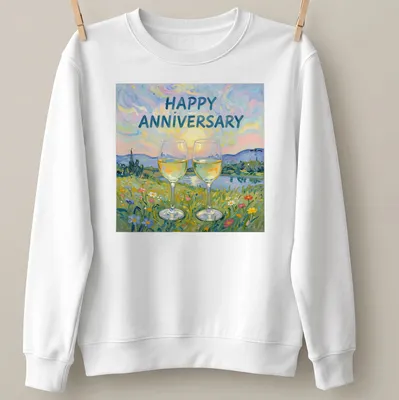Illustration of two wine glasses with 'Happy Anniversary' text and a nature background — printed on a unisex sweatshirt