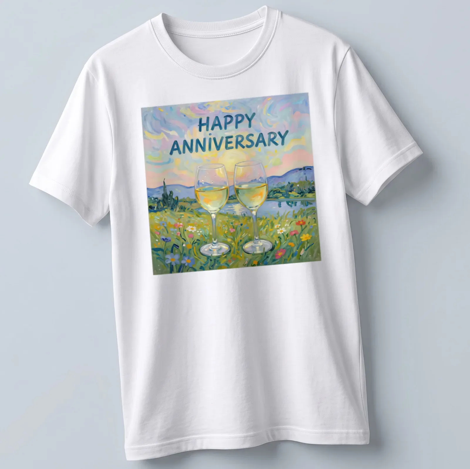 Illustration of two wine glasses with 'Happy Anniversary' text and a nature background — printed on a unisex t-shirt