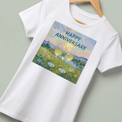 Illustration of two wine glasses with 'Happy Anniversary' text and a nature background — printed on a women's shirt