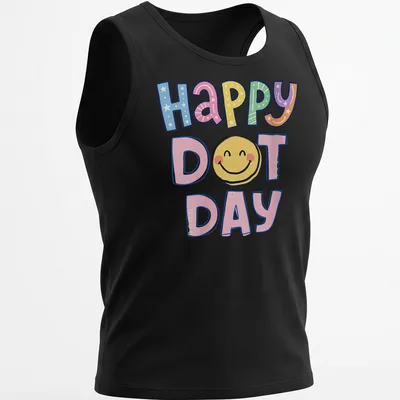 Colorful illustration of a smiley face with the words Happy Dot Day — printed on a tank top