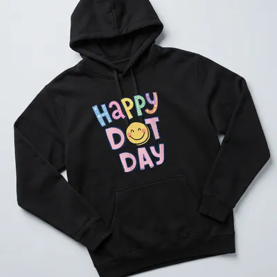 Colorful illustration of a smiley face with the words Happy Dot Day — printed on a unisex hoodie