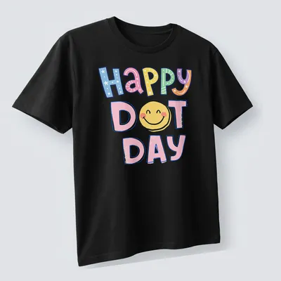 Colorful illustration of a smiley face with the words Happy Dot Day — printed on a unisex t-shirt (angled view)