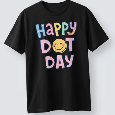 Colorful illustration of a smiley face with the words Happy Dot Day