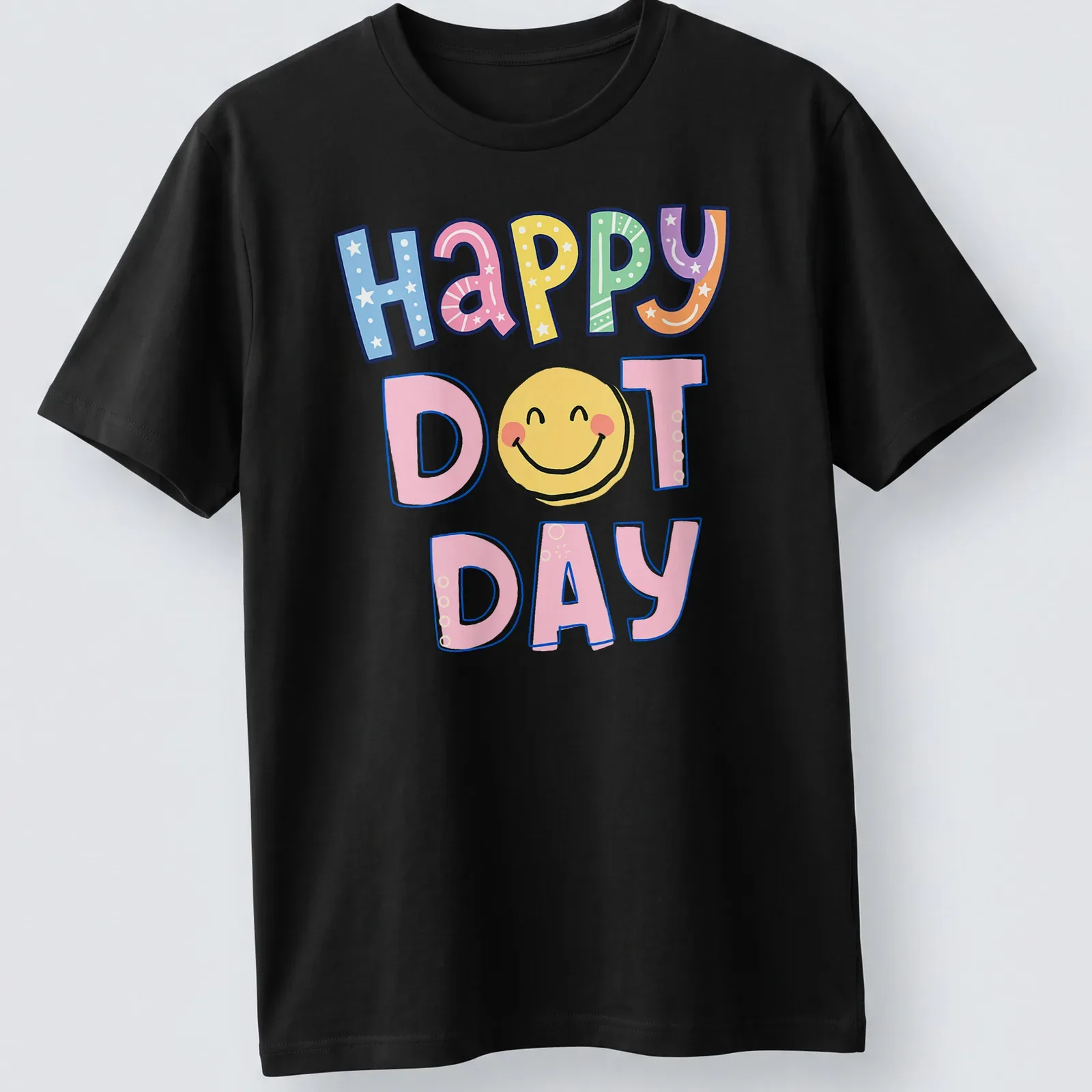 Colorful illustration of a smiley face with the words Happy Dot Day — printed on a unisex t-shirt
