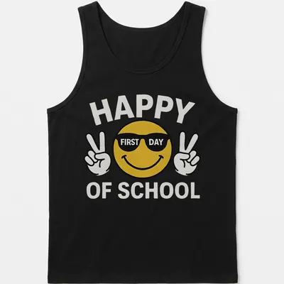 Playful cartoon smiley face with the text 'Happy First Day Of School' in yellow and black — printed on a tank top