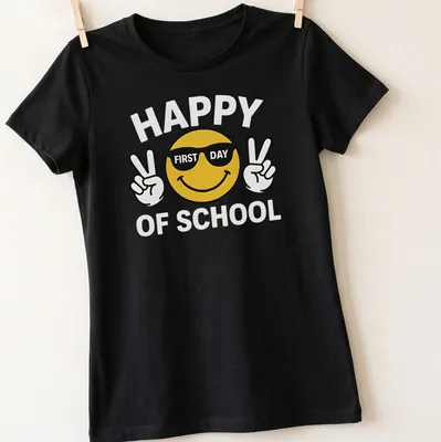 Playful cartoon smiley face with the text 'Happy First Day Of School' in yellow and black — printed on a women's shirt