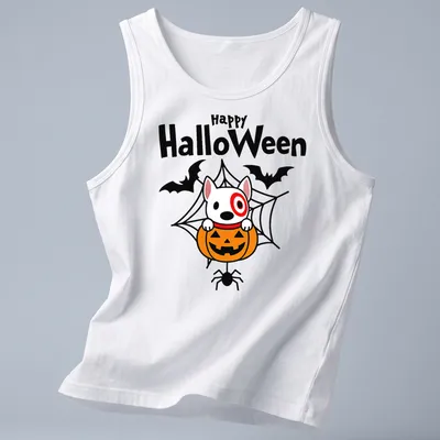 Kawaii design of Target dog in a pumpkin with Happy HalloWeen text — printed on a tank top