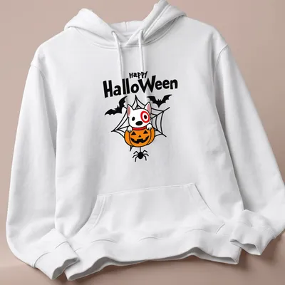 Kawaii design of Target dog in a pumpkin with Happy HalloWeen text — printed on a unisex hoodie