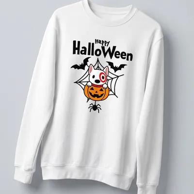 Kawaii design of Target dog in a pumpkin with Happy HalloWeen text — printed on a unisex sweatshirt