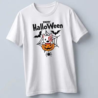 Kawaii design of Target dog in a pumpkin with Happy HalloWeen text — printed on a unisex t-shirt