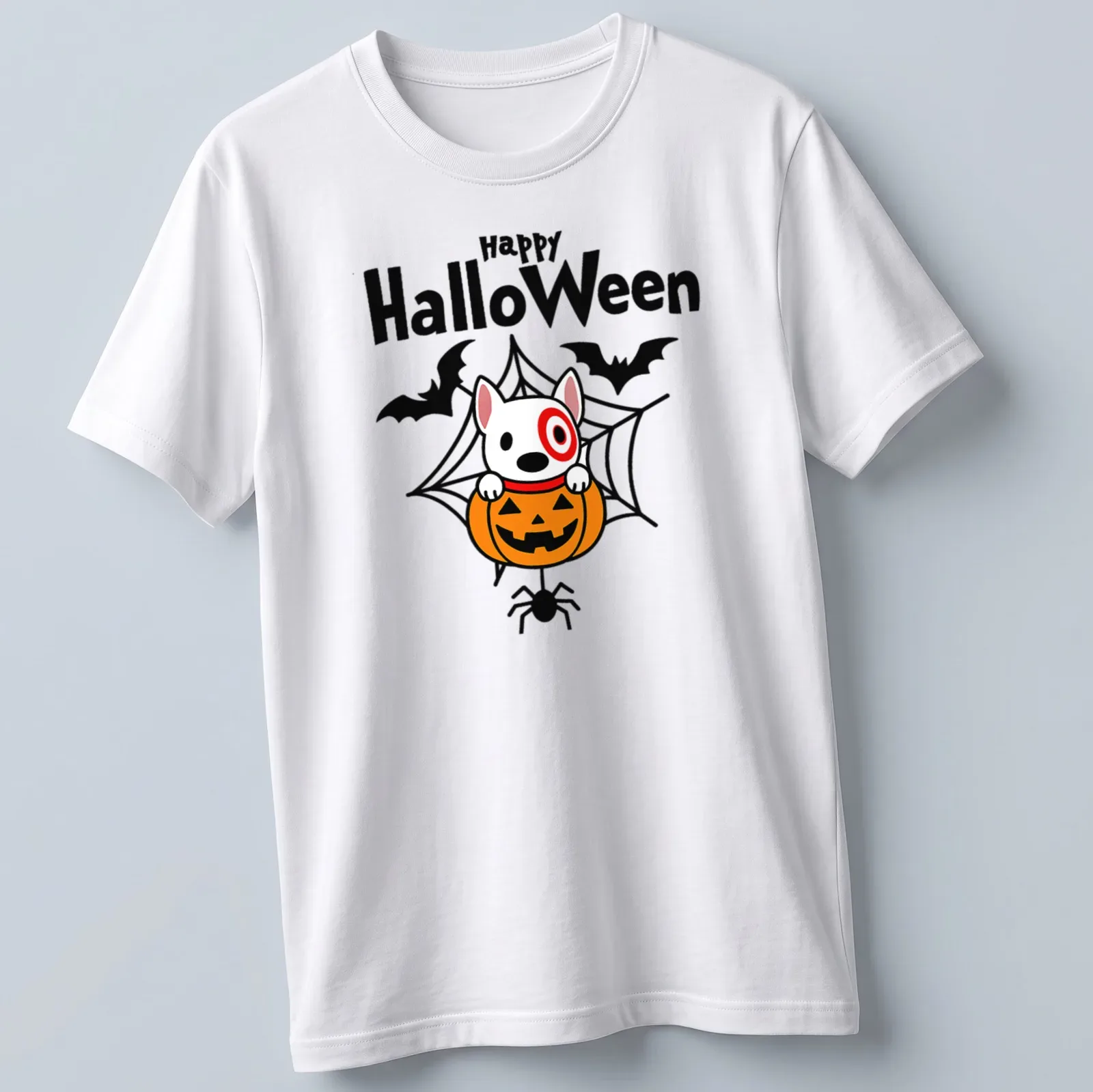 Kawaii design of Target dog in a pumpkin with Happy HalloWeen text — printed on a unisex t-shirt