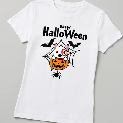 Kawaii design of Target dog in a pumpkin with Happy HalloWeen text — printed on a women's shirt