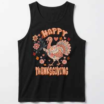 Kawaii illustration of a turkey with flowers and Happy Thanksgiving text — printed on a tank top