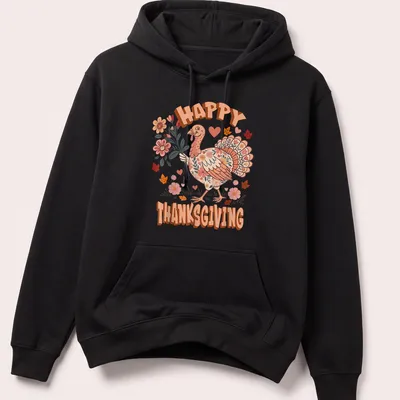 Kawaii illustration of a turkey with flowers and Happy Thanksgiving text — printed on a unisex hoodie