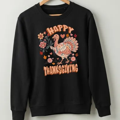 Kawaii illustration of a turkey with flowers and Happy Thanksgiving text — printed on a unisex sweatshirt