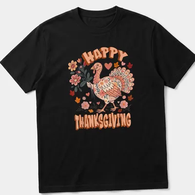 Kawaii illustration of a turkey with flowers and Happy Thanksgiving text — printed on a unisex t-shirt