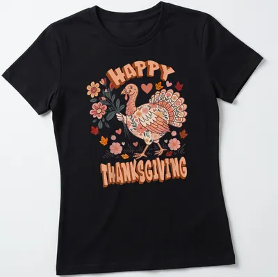 Kawaii illustration of a turkey with flowers and Happy Thanksgiving text — printed on a women's shirt