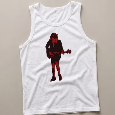 Distressed crimson T-shirt featuring a guitarist making devil horns gesture — printed on a tank top