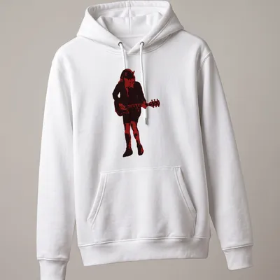 Distressed crimson T-shirt featuring a guitarist making devil horns gesture — printed on a unisex hoodie