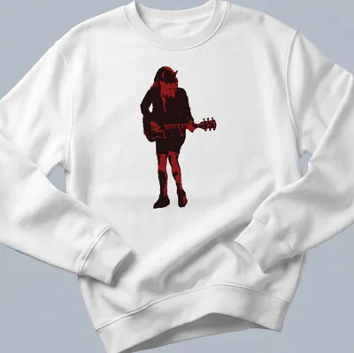 Distressed crimson T-shirt featuring a guitarist making devil horns gesture — printed on a unisex sweatshirt