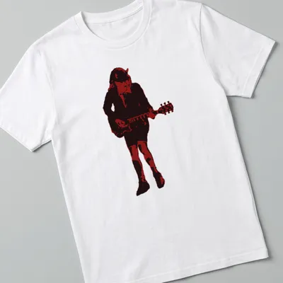Distressed crimson T-shirt featuring a guitarist making devil horns gesture