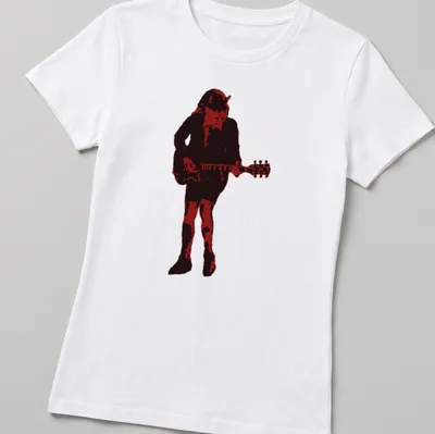 Distressed crimson T-shirt featuring a guitarist making devil horns gesture — printed on a women's shirt