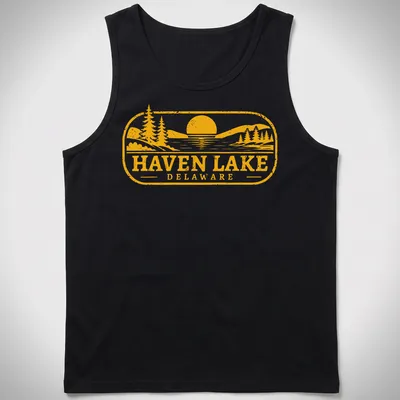 Vintage scene of a lake at sunset with trees, printed in yellow and black — printed on a tank top