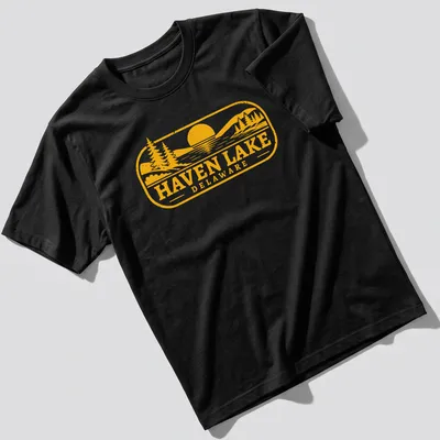 Vintage scene of a lake at sunset with trees, printed in yellow and black — printed on a unisex t-shirt