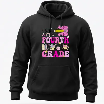 Kawaii colorful design featuring a pencil with a bow and school items — printed on a unisex hoodie