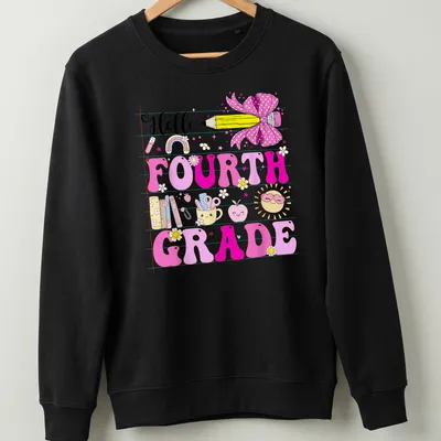 Kawaii colorful design featuring a pencil with a bow and school items — printed on a unisex sweatshirt