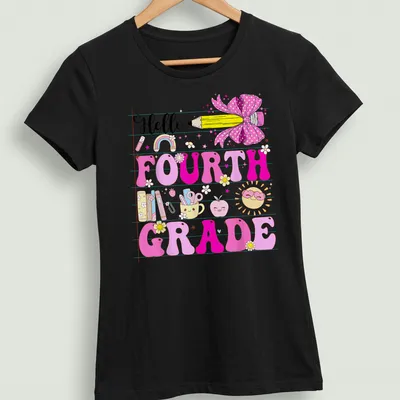 Kawaii colorful design featuring a pencil with a bow and school items — printed on a women's shirt