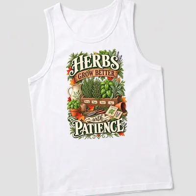 Vintage botanical print with herbs and the phrase about patience in green, brown, orange, purple, and cream. — printed on a tank top