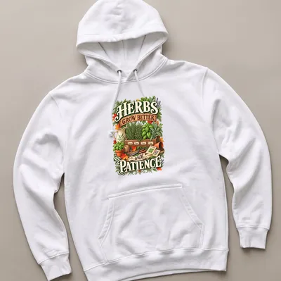 Vintage botanical print with herbs and the phrase about patience in green, brown, orange, purple, and cream. — printed on a unisex hoodie