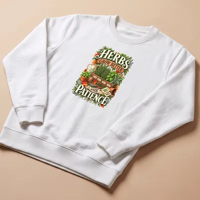Vintage botanical print with herbs and the phrase about patience in green, brown, orange, purple, and cream. — printed on a unisex sweatshirt