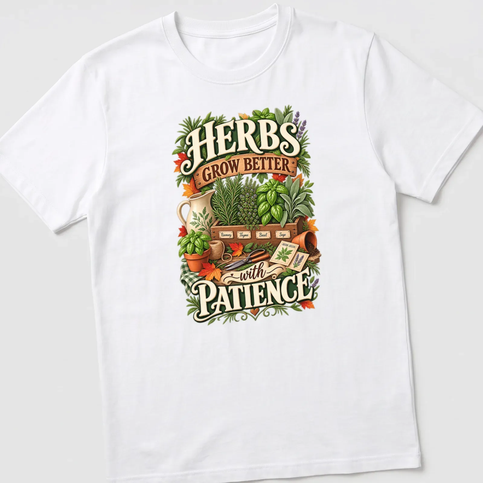 Vintage botanical print with herbs and the phrase about patience in green, brown, orange, purple, and cream. — printed on a unisex t-shirt