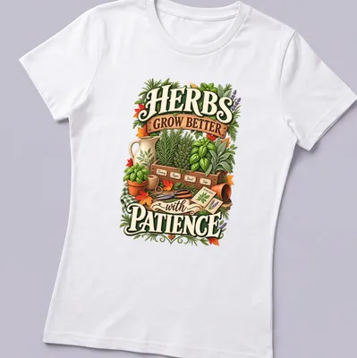 Vintage botanical print with herbs and the phrase about patience in green, brown, orange, purple, and cream. — printed on a women's shirt