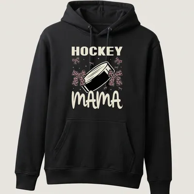 Hockey Mama t-shirt with leopard print bows around a hockey puck — printed on a unisex hoodie