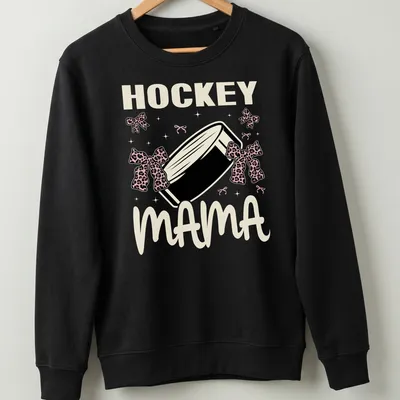 Hockey Mama t-shirt with leopard print bows around a hockey puck — printed on a unisex sweatshirt