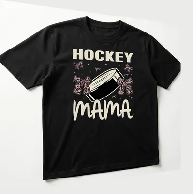 Hockey Mama t-shirt with leopard print bows around a hockey puck — printed on a unisex t-shirt (angled view)