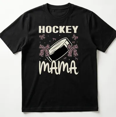 Hockey Mama t-shirt with leopard print bows around a hockey puck