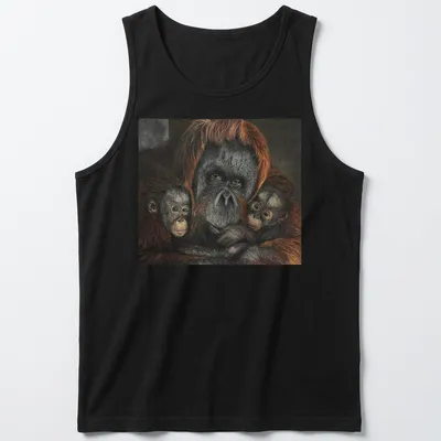 Realistic depiction of an orangutan family in rich earthy tones — printed on a tank top