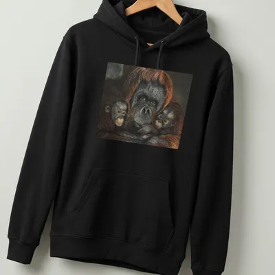 Realistic depiction of an orangutan family in rich earthy tones — printed on a unisex hoodie