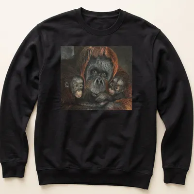 Realistic depiction of an orangutan family in rich earthy tones — printed on a unisex sweatshirt