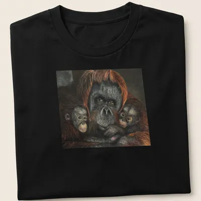 Realistic depiction of an orangutan family in rich earthy tones — printed on a unisex t-shirt