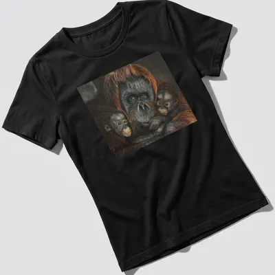 Realistic depiction of an orangutan family in rich earthy tones — printed on a women's shirt