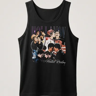 Vintage hockey-themed shirt featuring players and vibrant text — printed on a tank top
