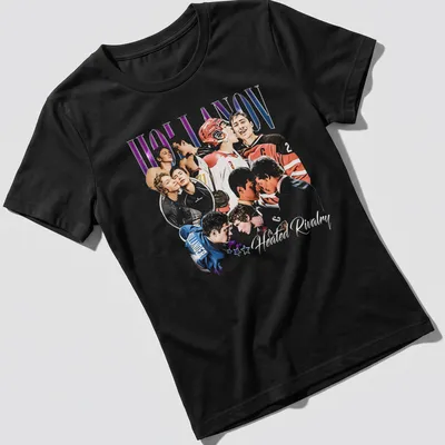 Vintage hockey-themed shirt featuring players and vibrant text — printed on a women's shirt