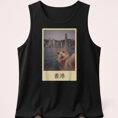 Orange tabby cat selfie with Hong Kong cityscape, colorful photographic print — printed on a tank top