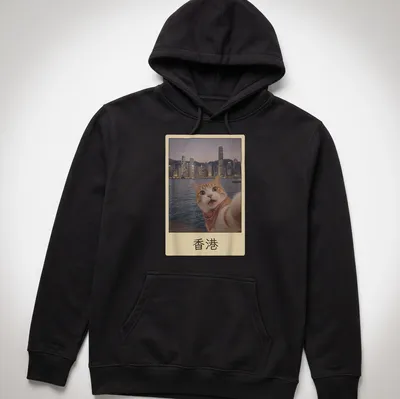 Orange tabby cat selfie with Hong Kong cityscape, colorful photographic print — printed on a unisex hoodie