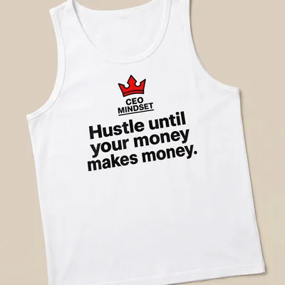 Bold typography CEO mindset t-shirt with crown graphic in black, red, and white — printed on a tank top